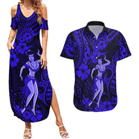 Hawaii Hula Girl Couples Matching Summer Maxi Dress and Hawaiian Shirt Polynesian Pattern Navy Blue Version LT01 Blue - Polynesian Pride