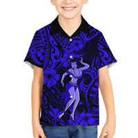 Hawaii Hula Girl Kid Hawaiian Shirt Polynesian Pattern Navy Blue Version LT01 Kid Blue - Polynesian Pride