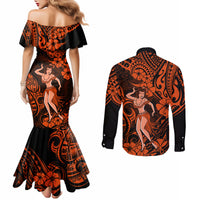 Hawaii Hula Girl Couples Matching Mermaid Dress and Long Sleeve Button Shirts Polynesian Pattern Orange Version LT01 - Polynesian Pride