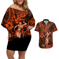 Hawaii Hula Girl Couples Matching Off Shoulder Short Dress and Hawaiian Shirt Polynesian Pattern Orange Version LT01 Orange - Polynesian Pride