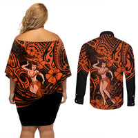 Hawaii Hula Girl Couples Matching Off Shoulder Short Dress and Long Sleeve Button Shirts Polynesian Pattern Orange Version LT01 - Polynesian Pride