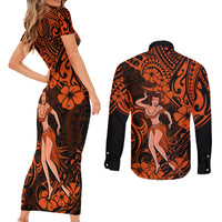 Hawaii Hula Girl Couples Matching Short Sleeve Bodycon Dress and Long Sleeve Button Shirts Polynesian Pattern Orange Version LT01 - Polynesian Pride