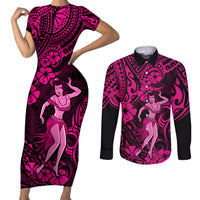 Hawaii Hula Girl Couples Matching Short Sleeve Bodycon Dress and Long Sleeve Button Shirts Polynesian Pattern Pink Version LT01 Pink - Polynesian Pride