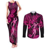 Hawaii Hula Girl Couples Matching Tank Maxi Dress and Long Sleeve Button Shirts Polynesian Pattern Pink Version LT01 Pink - Polynesian Pride