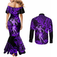 Hawaii Hula Girl Couples Matching Mermaid Dress and Long Sleeve Button Shirts Hibiscus Hawaii Tribal Tattoo Purple Version LT01 - Polynesian Pride