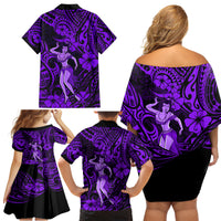 Hawaii Hula Girl Family Matching Off Shoulder Short Dress and Hawaiian Shirt Hibiscus Hawaii Tribal Tattoo Purple Version LT01 - Polynesian Pride