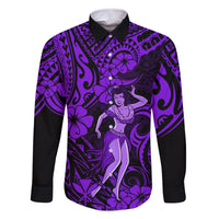 Hawaii Hula Girl Family Matching Off Shoulder Short Dress and Hawaiian Shirt Hibiscus Hawaii Tribal Tattoo Purple Version LT01 Dad's Shirt - Long Sleeve Purple - Polynesian Pride