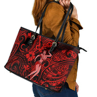 Hawaii Hula Girl Leather Tote Bag Hibiscus Hawaii Tribal Tattoo Red Version LT01 - Polynesian Pride