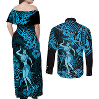 Hawaii Hula Girl Couples Matching Off Shoulder Maxi Dress and Long Sleeve Button Shirts Hibiscus Hawaii Tribal Tattoo Sky Blue Version LT01 - Polynesian Pride