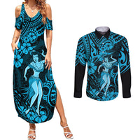 Hawaii Hula Girl Couples Matching Summer Maxi Dress and Long Sleeve Button Shirts Hibiscus Hawaii Tribal Tattoo Sky Blue Version LT01 Blue - Polynesian Pride