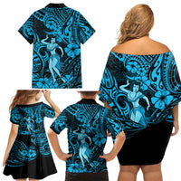 Hawaii Hula Girl Family Matching Off Shoulder Short Dress and Hawaiian Shirt Hibiscus Hawaii Tribal Tattoo Sky Blue Version LT01 - Polynesian Pride