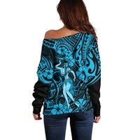 Hawaii Hula Girl Off Shoulder Sweater Hibiscus Hawaii Tribal Tattoo Sky Blue Version LT01 - Polynesian Pride