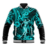 Hawaii Hula Girl Baseball Jacket Hibiscus Hawaii Tribal Tattoo Turquoise Version LT01 Unisex Turquoise - Polynesian Pride