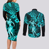 Hawaii Hula Girl Couples Matching Long Sleeve Bodycon Dress and Long Sleeve Button Shirts Hibiscus Hawaii Tribal Tattoo Turquoise Version LT01 - Polynesian Pride