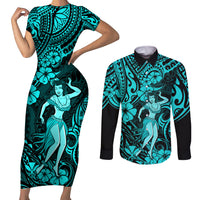 Hawaii Hula Girl Couples Matching Short Sleeve Bodycon Dress and Long Sleeve Button Shirts Hibiscus Hawaii Tribal Tattoo Turquoise Version LT01 Turquoise - Polynesian Pride