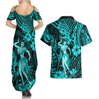 Hawaii Hula Girl Couples Matching Summer Maxi Dress and Hawaiian Shirt Hibiscus Hawaii Tribal Tattoo Turquoise Version LT01 - Polynesian Pride