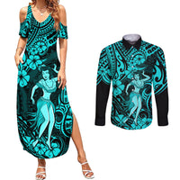 Hawaii Hula Girl Couples Matching Summer Maxi Dress and Long Sleeve Button Shirts Hibiscus Hawaii Tribal Tattoo Turquoise Version LT01 Turquoise - Polynesian Pride