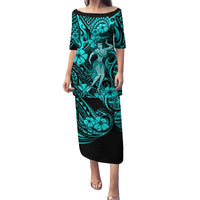Hawaii Hula Girl Family Matching Puletasi Dress and Hawaiian Shirt Hibiscus Hawaii Tribal Tattoo Turquoise Version LT01 Mom's Dress Turquoise - Polynesian Pride