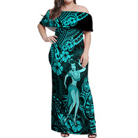Hawaii Hula Girl Off Shoulder Maxi Dress Hibiscus Hawaii Tribal Tattoo Turquoise Version LT01 Women Turquoise - Polynesian Pride