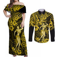 Hawaii Hula Girl Couples Matching Off Shoulder Maxi Dress and Long Sleeve Button Shirts Hibiscus Hawaii Tribal Tattoo Yellow Version LT01 Yellow - Polynesian Pride