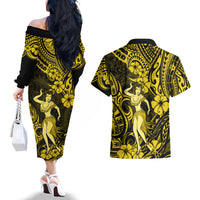 Hawaii Hula Girl Couples Matching Off The Shoulder Long Sleeve Dress and Hawaiian Shirt Hibiscus Hawaii Tribal Tattoo Yellow Version LT01 - Polynesian Pride