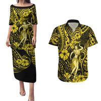 Hawaii Hula Girl Couples Matching Puletasi Dress and Hawaiian Shirt Hibiscus Hawaii Tribal Tattoo Yellow Version LT01 Yellow - Polynesian Pride