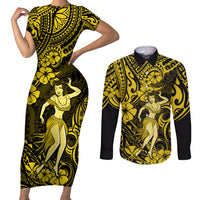 Hawaii Hula Girl Couples Matching Short Sleeve Bodycon Dress and Long Sleeve Button Shirts Hibiscus Hawaii Tribal Tattoo Yellow Version LT01 Yellow - Polynesian Pride