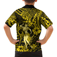 Hawaii Hula Girl Family Matching Off Shoulder Maxi Dress and Hawaiian Shirt Hibiscus Hawaii Tribal Tattoo Yellow Version LT01 - Polynesian Pride