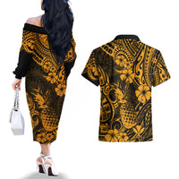 Hawaii Pineapple Couples Matching Off The Shoulder Long Sleeve Dress and Hawaiian Shirt Paradise Flowers Pacific With Gold Polynesian Tribal LT01 - Polynesian Pride