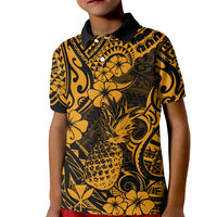 Hawaii Pineapple Kid Polo Shirt Paradise Flowers Pacific With Gold Polynesian Tribal LT01 Kid Gold - Polynesian Pride