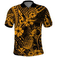 Hawaii Pineapple Polo Shirt Paradise Flowers Pacific With Gold Polynesian Tribal LT01 Gold - Polynesian Pride
