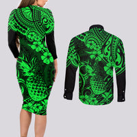 Hawaii Pineapple Couples Matching Long Sleeve Bodycon Dress and Long Sleeve Button Shirts Paradise Flowers Pacific With Green Polynesian Tribal LT01 - Polynesian Pride