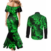 Hawaii Pineapple Couples Matching Mermaid Dress and Long Sleeve Button Shirts Paradise Flowers Pacific With Green Polynesian Tribal LT01 - Polynesian Pride