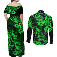 Hawaii Pineapple Couples Matching Off Shoulder Maxi Dress and Long Sleeve Button Shirts Paradise Flowers Pacific With Green Polynesian Tribal LT01 - Polynesian Pride
