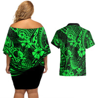 Hawaii Pineapple Couples Matching Off Shoulder Short Dress and Hawaiian Shirt Paradise Flowers Pacific With Green Polynesian Tribal LT01 - Polynesian Pride