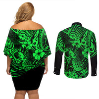 Hawaii Pineapple Couples Matching Off Shoulder Short Dress and Long Sleeve Button Shirts Paradise Flowers Pacific With Green Polynesian Tribal LT01 - Polynesian Pride