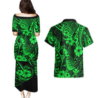 Hawaii Pineapple Couples Matching Puletasi Dress and Hawaiian Shirt Paradise Flowers Pacific With Green Polynesian Tribal LT01 - Polynesian Pride