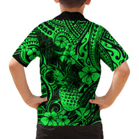 Hawaii Pineapple Family Matching Off Shoulder Short Dress and Hawaiian Shirt Paradise Flowers Pacific With Green Polynesian Tribal LT01 - Polynesian Pride
