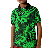 Hawaii Pineapple Kid Polo Shirt Paradise Flowers Pacific With Green Polynesian Tribal LT01 Kid Green - Polynesian Pride