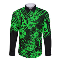 Hawaii Pineapple Long Sleeve Button Shirt Paradise Flowers Pacific With Green Polynesian Tribal LT01 Unisex Green - Polynesian Pride