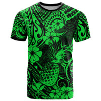 Hawaii Pineapple T Shirt Paradise Flowers Pacific With Green Polynesian Tribal LT01 Green - Polynesian Pride