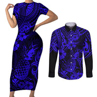 Hawaii Pineapple Couples Matching Short Sleeve Bodycon Dress and Long Sleeve Button Shirts Paradise Flowers Pacific With Navy Blue Polynesian Tribal LT01 Blue - Polynesian Pride
