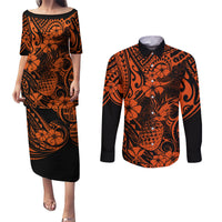 Hawaii Pineapple Couples Matching Puletasi Dress and Long Sleeve Button Shirts Paradise Flowers Pacific With Orange Polynesian Tribal LT01 Orange - Polynesian Pride