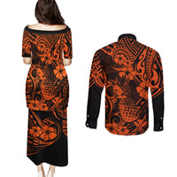 Hawaii Pineapple Couples Matching Puletasi Dress and Long Sleeve Button Shirts Paradise Flowers Pacific With Orange Polynesian Tribal LT01 - Polynesian Pride