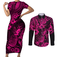 Hawaii Pineapple Couples Matching Short Sleeve Bodycon Dress and Long Sleeve Button Shirts Paradise Flowers Pacific With Pink Polynesian Tribal LT01 Pink - Polynesian Pride
