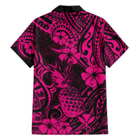 Hawaii Pineapple Family Matching Off Shoulder Short Dress and Hawaiian Shirt Paradise Flowers Pacific With Pink Polynesian Tribal LT01 - Polynesian Pride