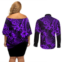 Hawaii Pineapple Couples Matching Off Shoulder Short Dress and Long Sleeve Button Shirts Polynesian Pattern Purple Version LT01 - Polynesian Pride