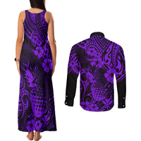 Hawaii Pineapple Couples Matching Tank Maxi Dress and Long Sleeve Button Shirts Polynesian Pattern Purple Version LT01 - Polynesian Pride