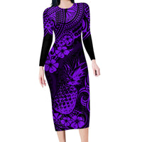 Hawaii Pineapple Family Matching Long Sleeve Bodycon Dress and Hawaiian Shirt Polynesian Pattern Purple Version LT01 Mom's Dress Purple - Polynesian Pride