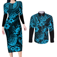 Hawaii Pineapple Couples Matching Long Sleeve Bodycon Dress and Long Sleeve Button Shirts Polynesian Pattern Sky Blue Version LT01 Blue - Polynesian Pride